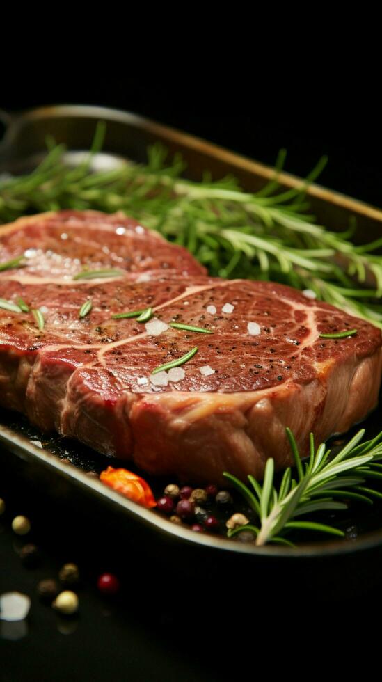 preparado angus pierna filete con Romero en acero cacerola, de cerca para culinario deleite vertical móvil fondo de pantalla ai generado foto