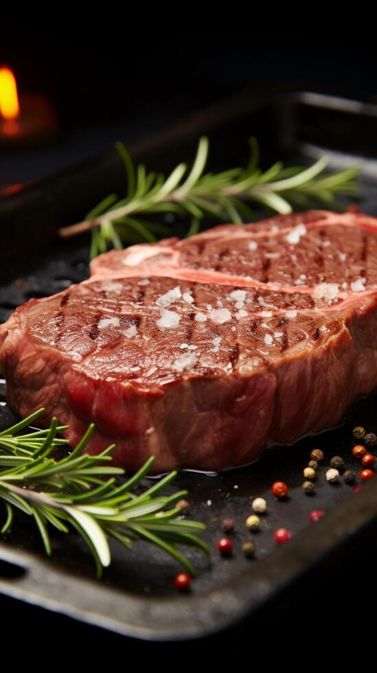 Prepared Angus leg steak with rosemary on steel pan, closeup for Prepared Angus leg steak with rosemary on steel pan, closeup for