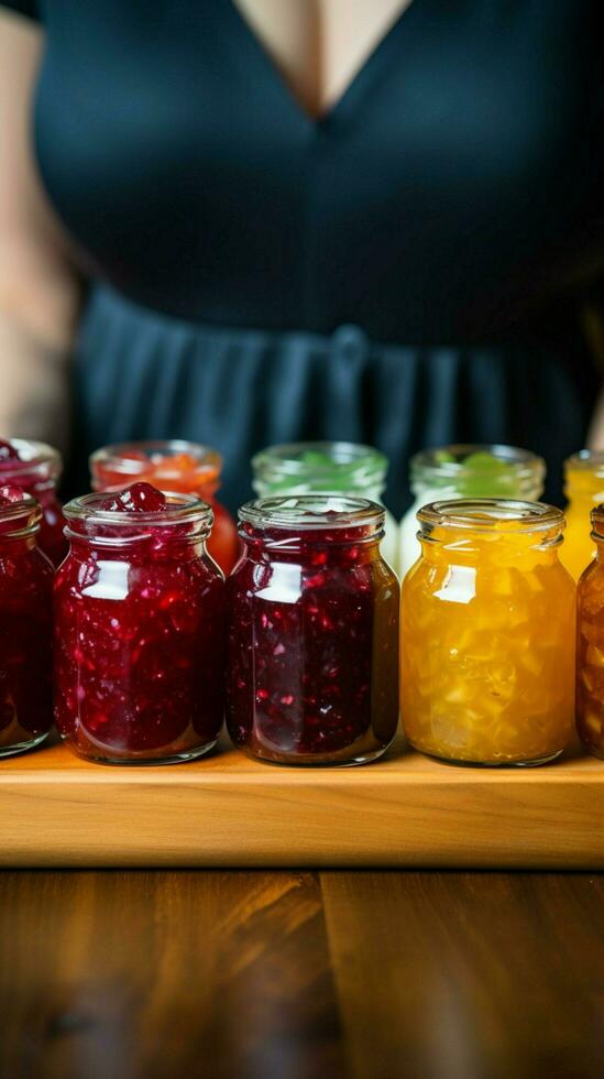 Assorted fruit jams, glass jars on wooden plate, held in closeup by woman Vertical Mobile Wallpaper AI Generated photo