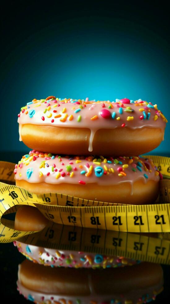 Resisting temptation Donut secured with measuring tape reflects weight loss determination Vertical Mobile Wallpaper AI Generated photo