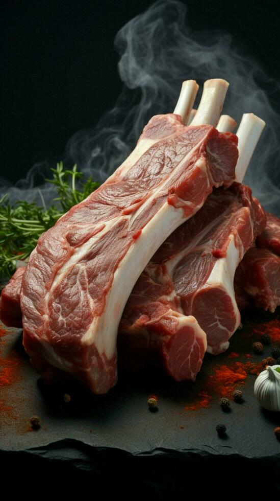 Uncooked lamb ribs positioned on a solid stone table, ready for culinary transformation Vertical Mobile Wallpaper AI Generated photo