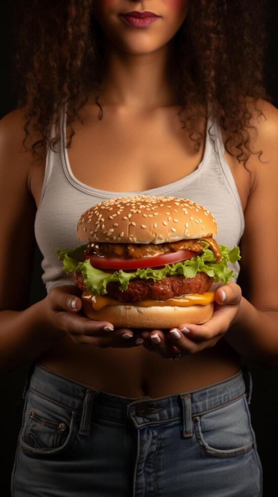 Unhealthy eating concept Womans connection to greasy burger, hand on stomach, gray background Vertical Mobile Wallpaper AI Generated photo