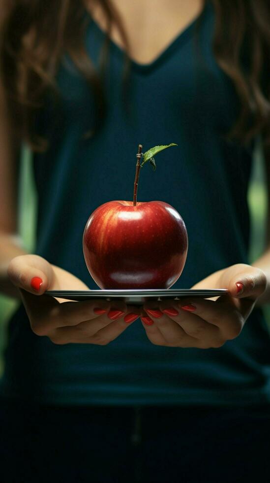 Unidentified female measures weight, balancing an apple, promoting wellness and self care Vertical Mobile Wallpaper AI Generated photo