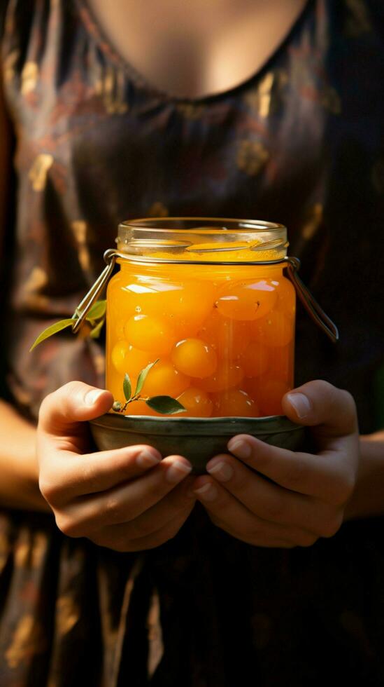 Vegan apricot jam, crafted with care, nestled in hands a homemade delight Vertical Mobile Wallpaper AI Generated photo