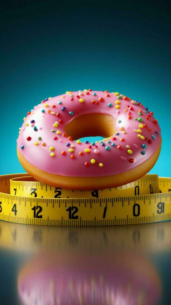 Weight loss commitment Donut constrained by measuring tape, symbolizing dietary dedication Vertical Mobile Wallpaper AI Generated photo