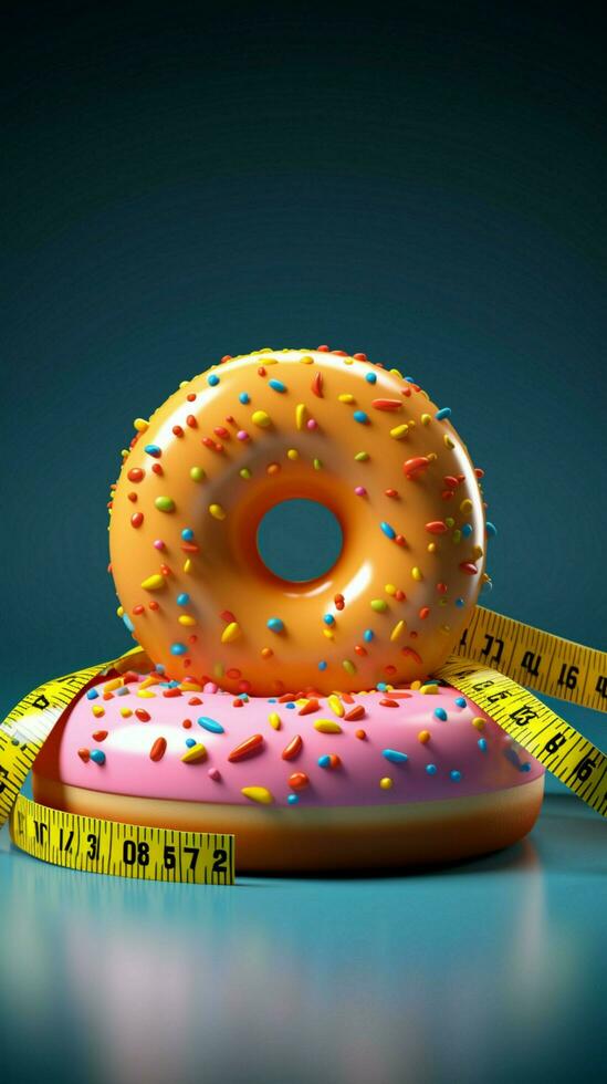 Weight loss commitment Donut constrained by measuring tape, symbolizing dietary dedication Vertical Mobile Wallpaper AI Generated photo