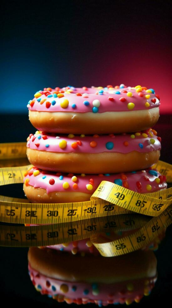 Weight loss journey Measuring tape restricts donut, highlighting dedication to diet Vertical Mobile Wallpaper AI Generated photo