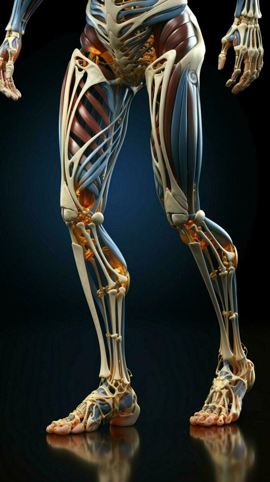 vívido 3d modelo de masculino anatomía enfoque en rodilla y tobillo esquelético estructuras vertical móvil fondo de pantalla ai generado foto