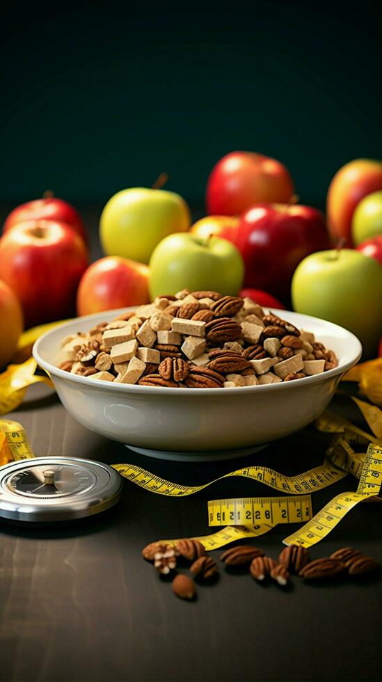 equilibrado nutrición plato de manzanas, nueces, medición cinta transporta sano comiendo y aptitud vertical móvil fondo de pantalla ai generado foto