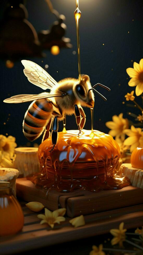 abeja personaje relaja en colmena, olas por miel frascos, abejas aleteo campo deleite vertical móvil fondo de pantalla ai generado foto