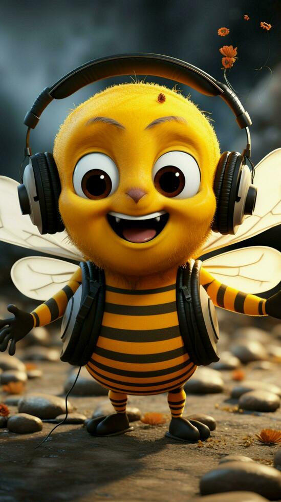 Bee characters rock headphones, pencil ready, as they say hi creative camaraderie blooms Vertical Mobile Wallpaper AI Generated photo