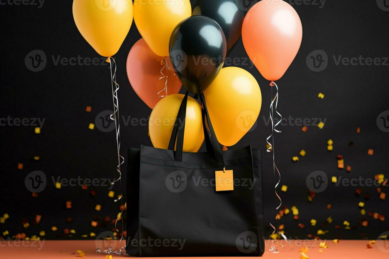 A black shopping bag buoyed by a colorful bouquet of celebratory balloons AI Generated photo