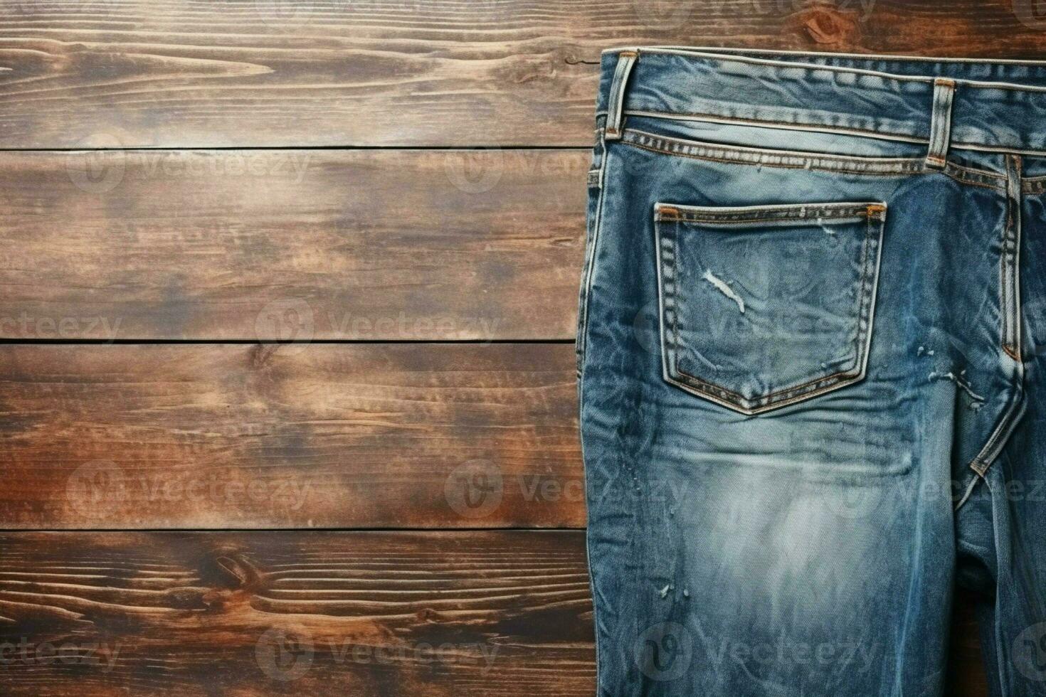 Denim jeans stylishly presented on a textured wooden background AI Generated photo