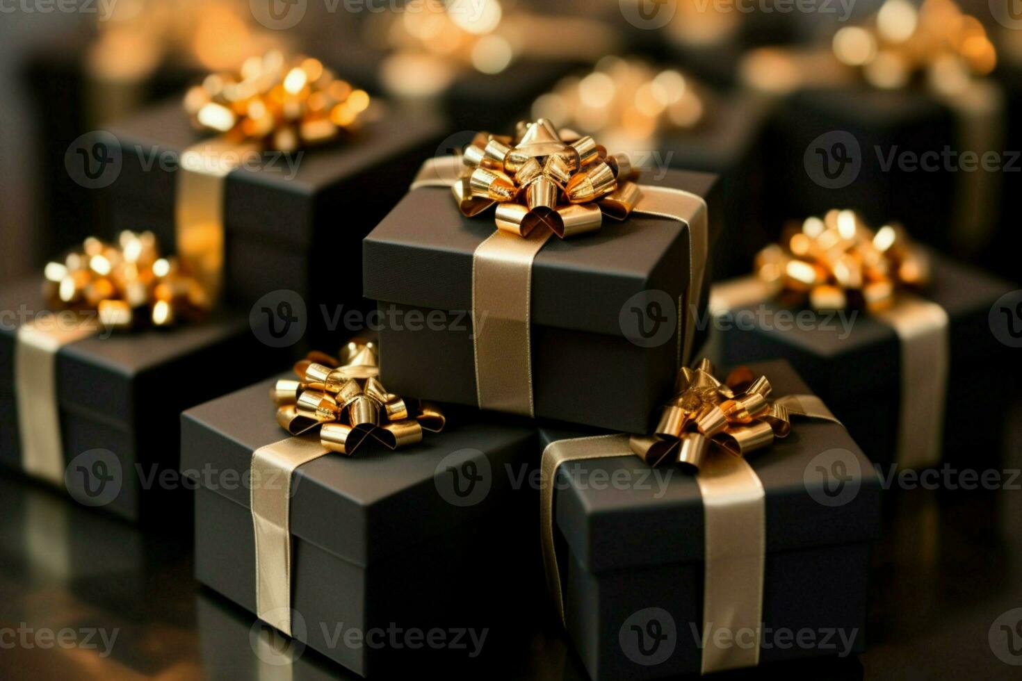 Golden ribbons grace Black Friday gift boxes, showcased from the front AI Generated photo