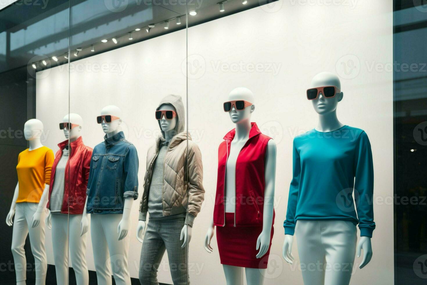 A lineup of mannequins and a blank white billboard complement each other AI Generated photo
