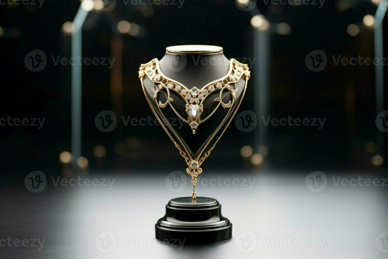 A stunning, high-end necklace embellishes a jewelry stand with its beauty AI Generated photo
