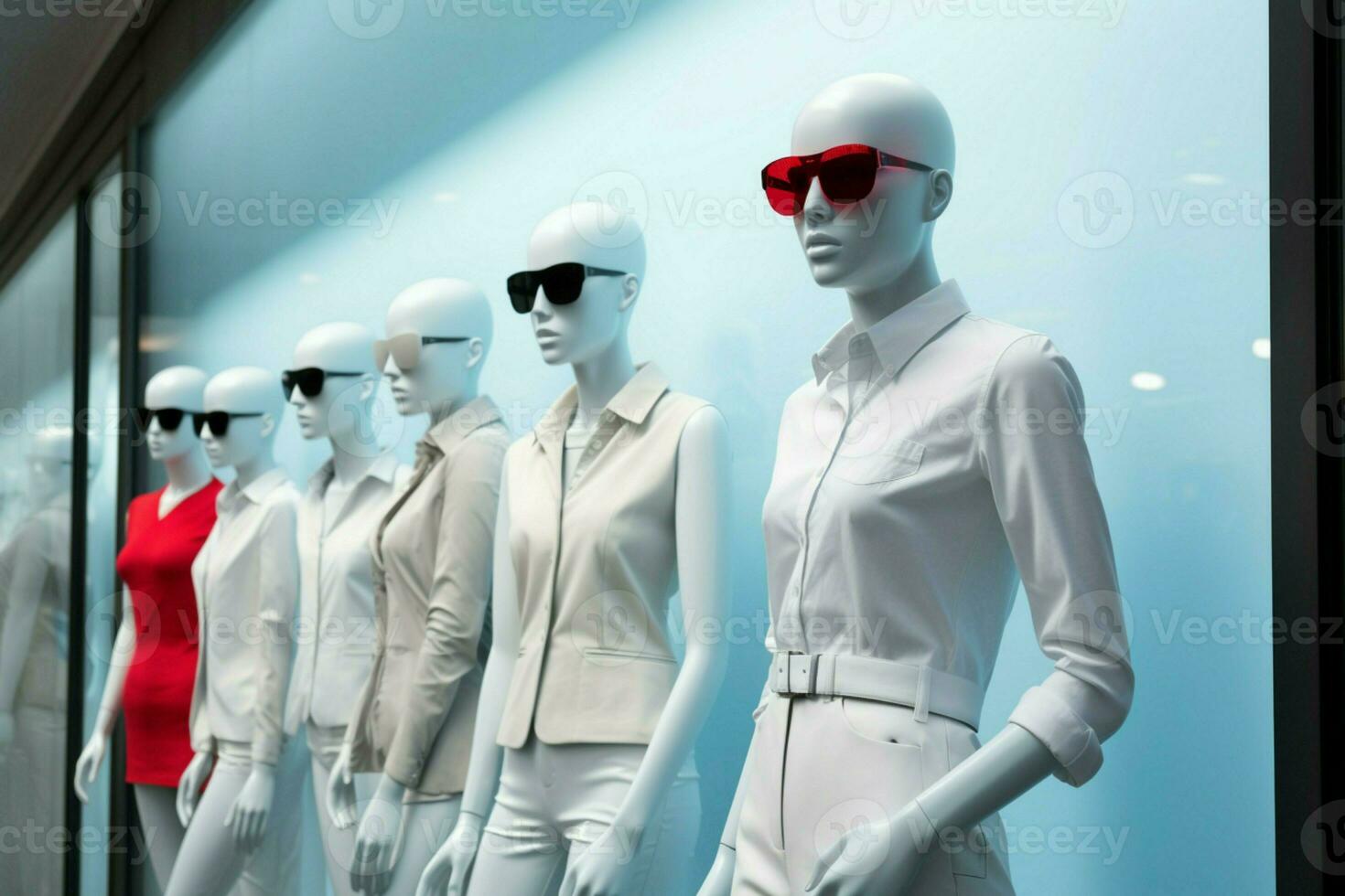 A white billboard stands adjacent to a row of stylish mannequins AI Generated photo