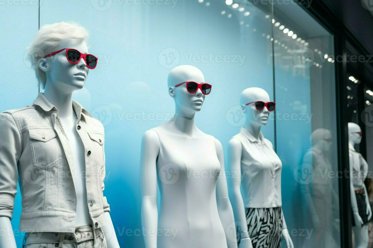 A white billboard stands adjacent to a row of stylish mannequins AI Generated photo