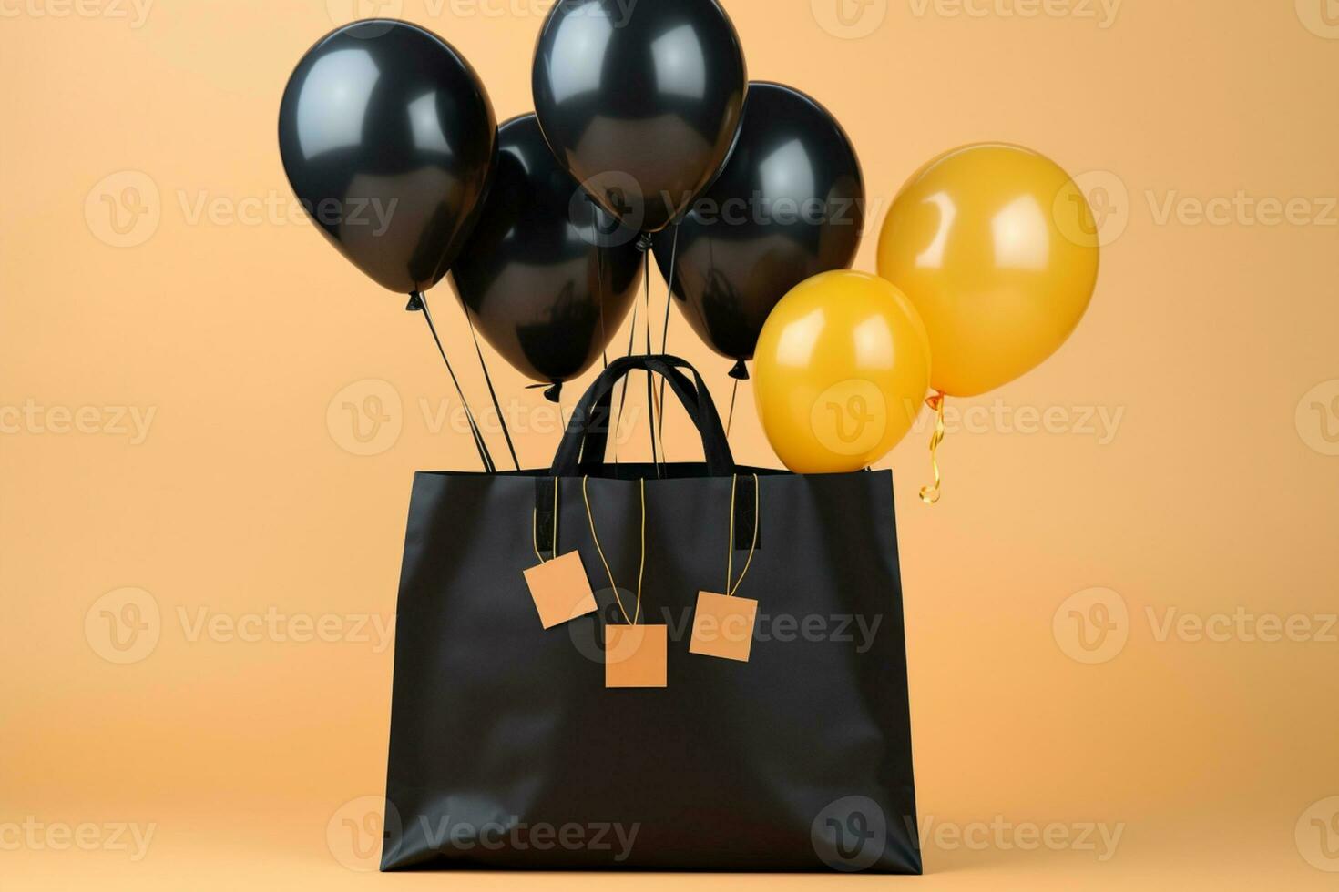 Balloons accompany a chic black shopping bag for a festive shopping experience AI Generated photo