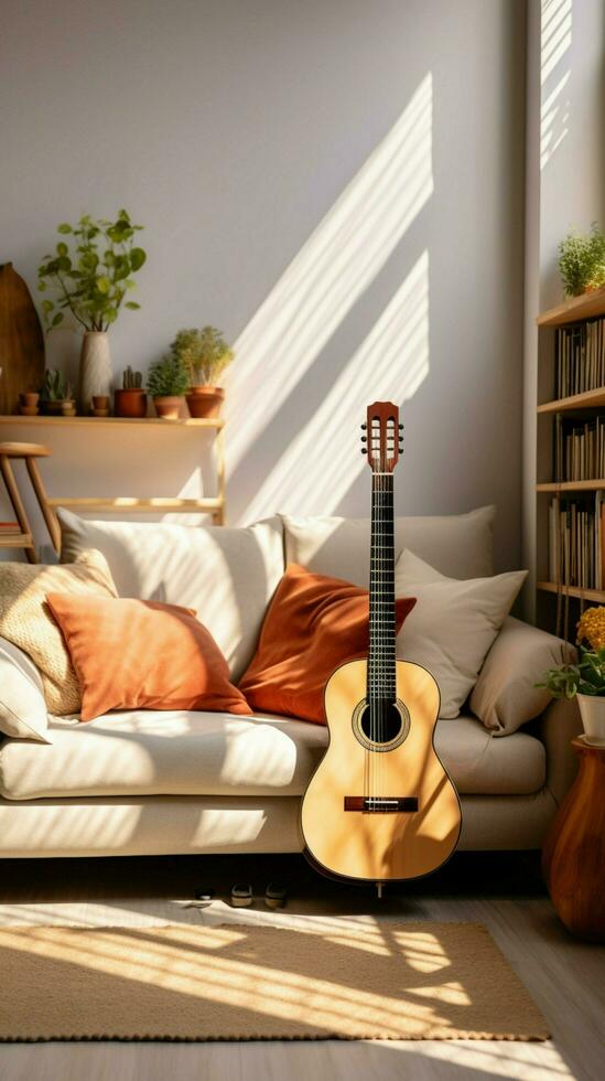 A guitar adorns the modern, inviting interior of the cozy living room. Vertical Mobile Wallpaper AI Generated photo