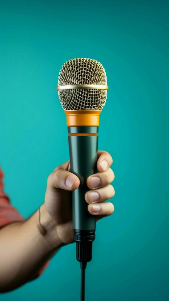 A male hand confidently holds a microphone against a vibrant blue background. Vertical Mobile Wallpaper AI Generated photo