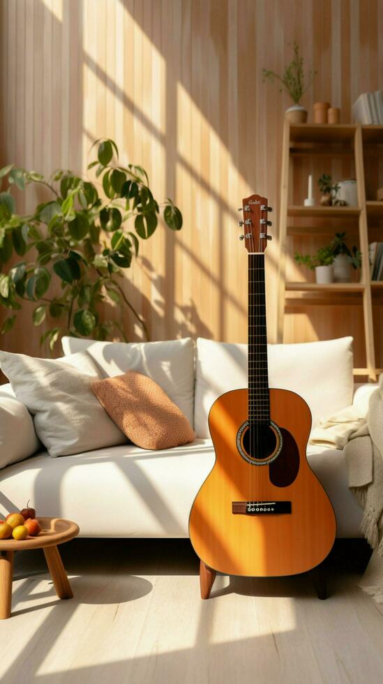 un moderno vivo habitación, acogedor y atractivo, presentando un guitarra como decoración. vertical móvil fondo de pantalla ai generado foto