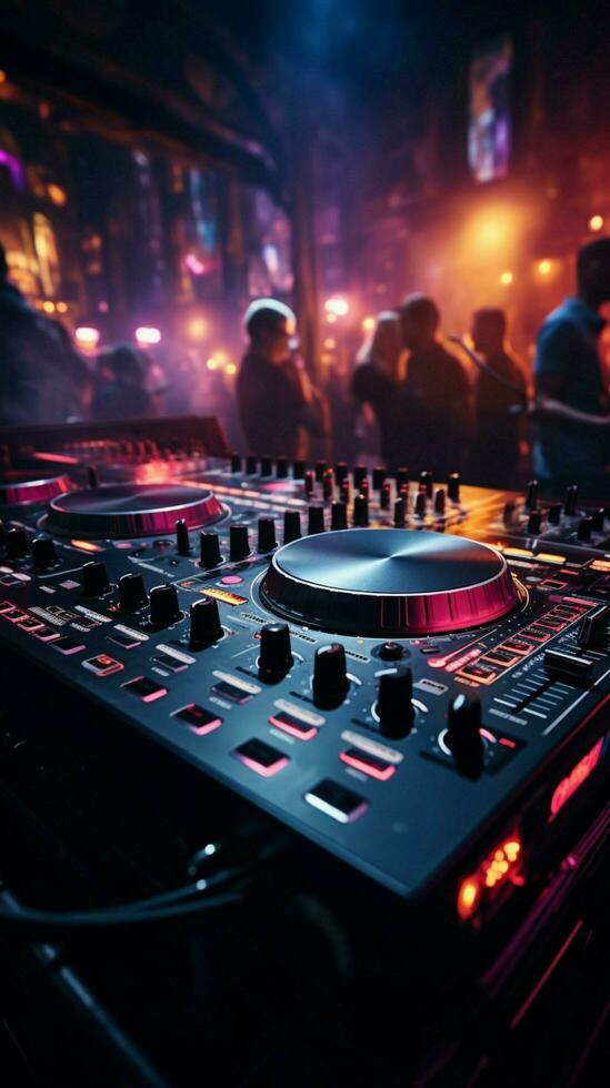 un nocturno espectáculo se despliega con el DJ mezclador mesa a el Club nocturno. vertical móvil fondo de pantalla ai generado foto