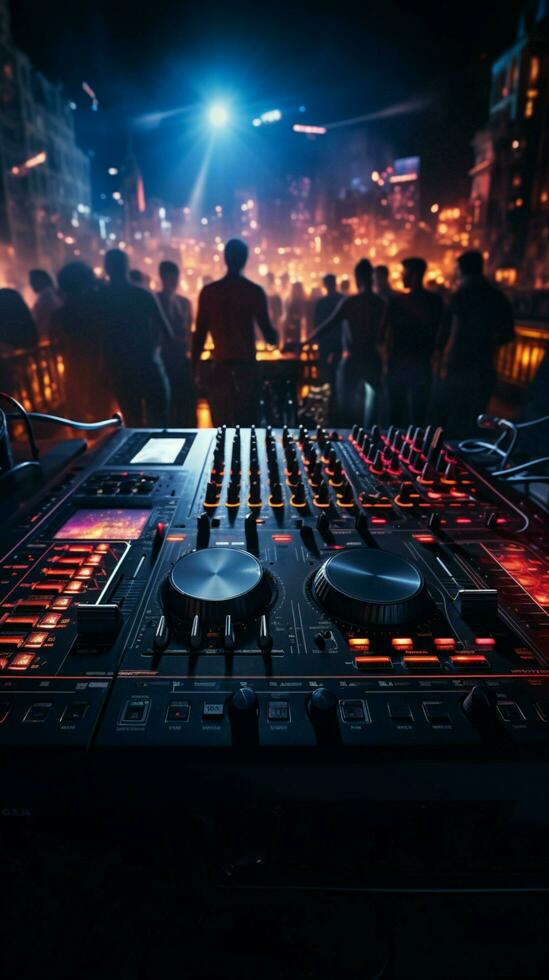 un nocturno espectáculo se despliega con el DJ mezclador mesa a el Club nocturno. vertical móvil fondo de pantalla ai generado foto