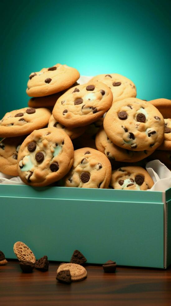 A paper box spills chocolate chip cookies on a tranquil turquoise background Vertical Mobile Wallpaper AI Generated photo