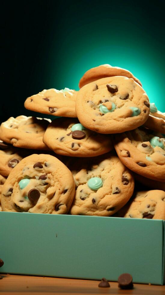 A paper box spills chocolate chip cookies on a tranquil turquoise background Vertical Mobile Wallpaper AI Generated photo