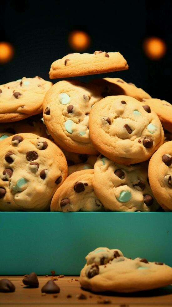 A paper box spills chocolate chip cookies on a tranquil turquoise background Vertical Mobile Wallpaper AI Generated photo