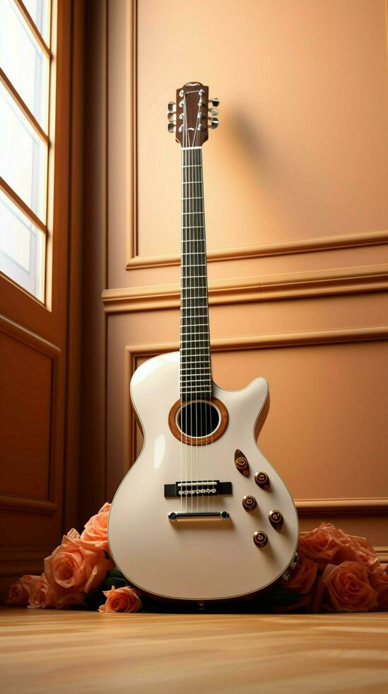 A symphony in simplicity Guitar, keys, and a white canvas in perfect balance. Vertical Mobile Wallpaper AI Generated photo