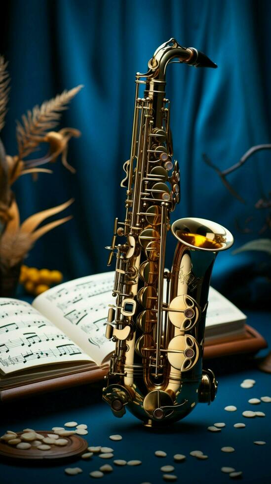 A blue canvas adorned with golden saxophones and a musical notebook. Vertical Mobile Wallpaper AI Generated photo