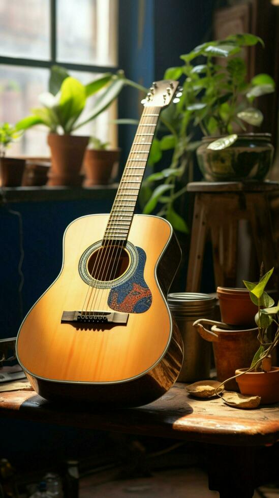 A vacant space resonates with the echo of an unattended acoustic guitar. Vertical Mobile Wallpaper AI Generated photo