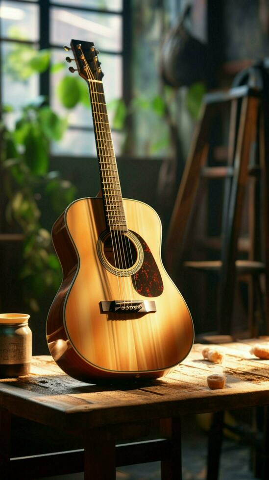 A vacant space resonates with the echo of an unattended acoustic guitar. Vertical Mobile Wallpaper AI Generated photo