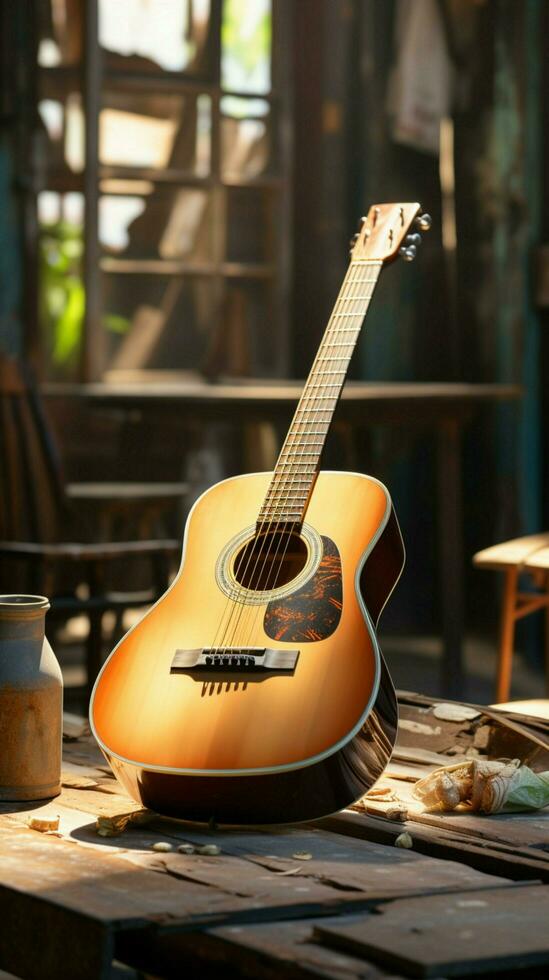 A vacant space resonates with the echo of an unattended acoustic guitar. Vertical Mobile Wallpaper AI Generated photo