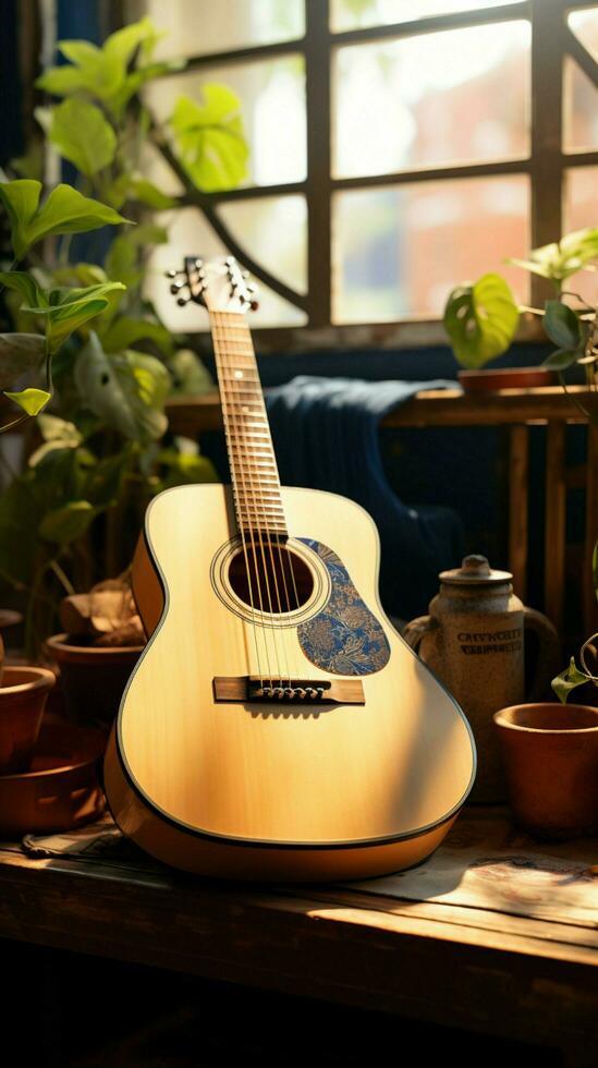 A vacant space resonates with the echo of an unattended acoustic guitar. Vertical Mobile Wallpaper AI Generated photo