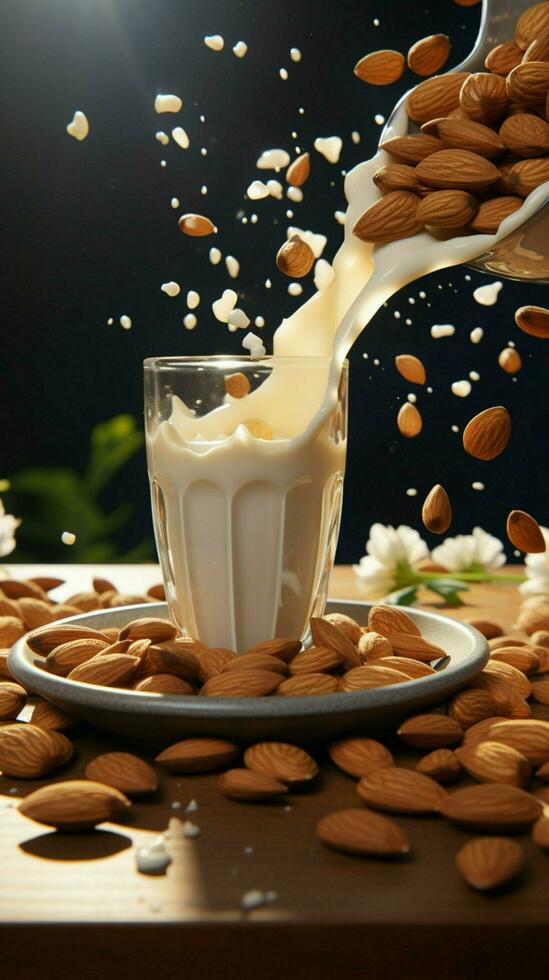 Almonds gracefully dance, tumbling into a milk filled cup amid breathtaking scenery Vertical Mobile Wallpaper AI Generated photo