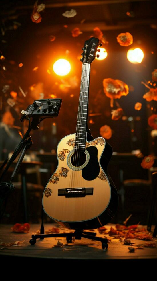 An acoustic guitar's notes resonate, etching melodies in the recording studio. Vertical Mobile Wallpaper AI Generated photo
