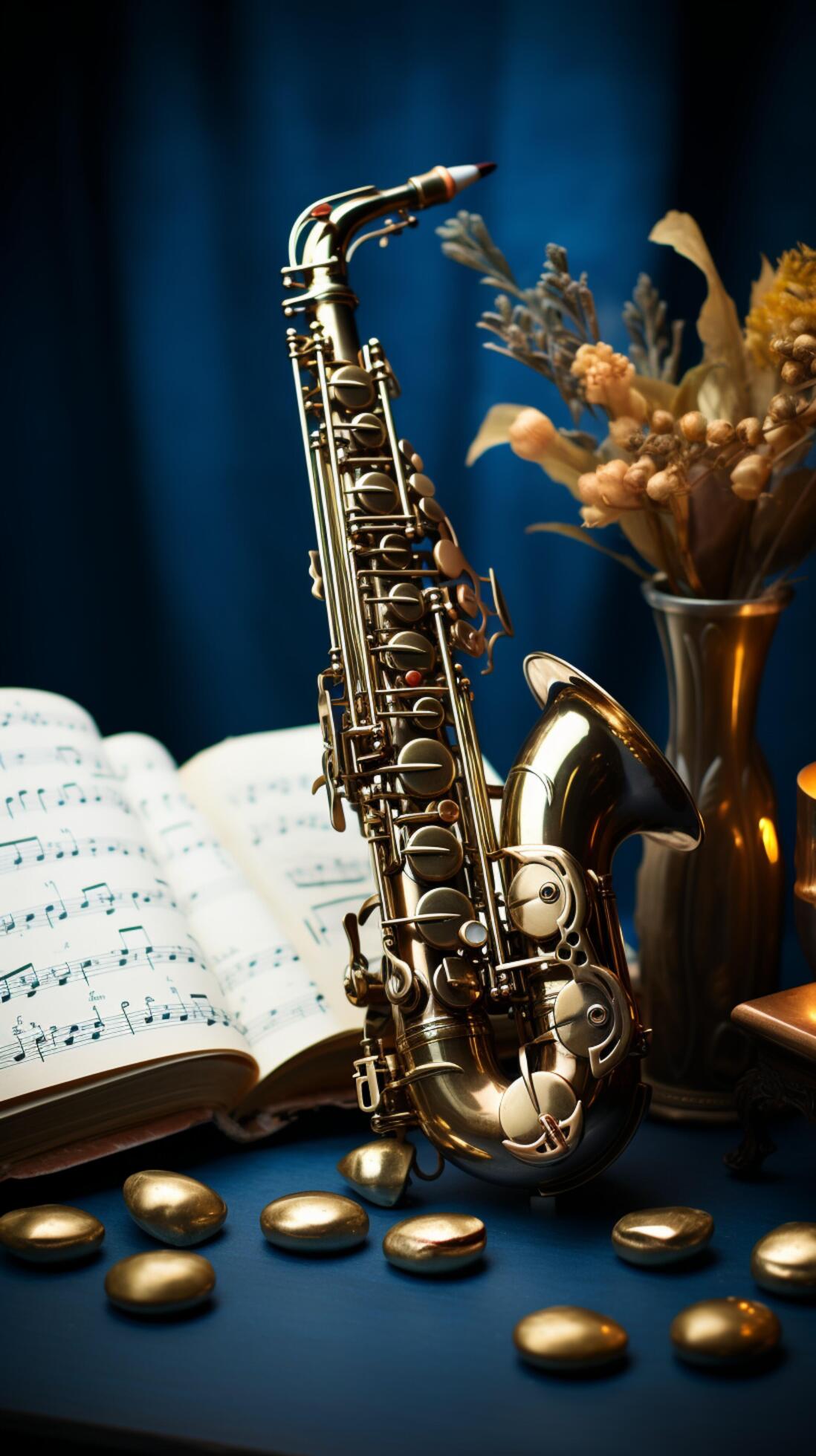 A blue canvas adorned with golden saxophones and a musical notebook