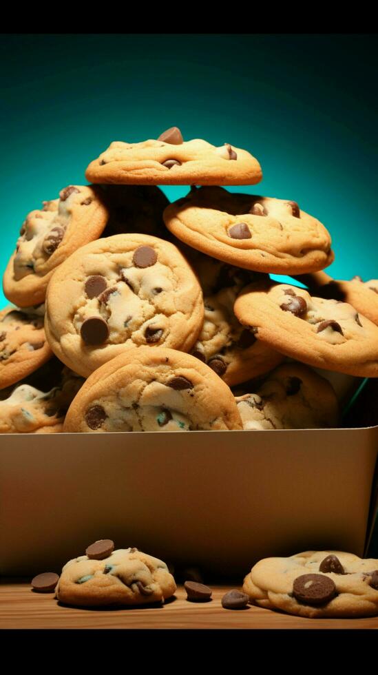 Chocolate chip cookies tumble from a paper box against a turquoise backdrop Vertical Mobile Wallpaper AI Generated photo