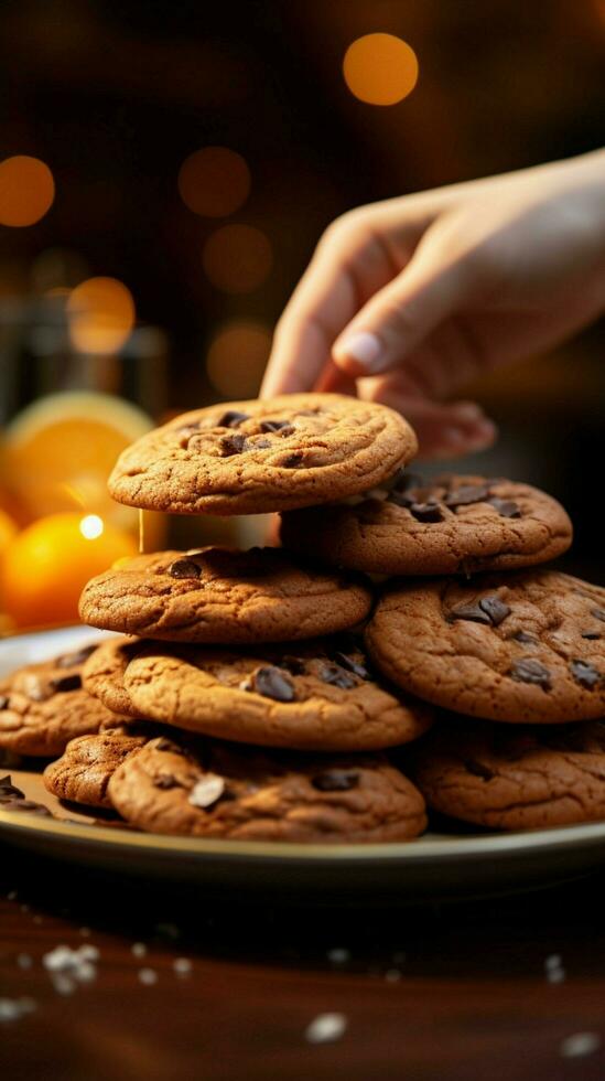 Close up Womans hand reaches for chocolate cookies, balancing them with orange juice Vertical Mobile Wallpaper AI Generated photo
