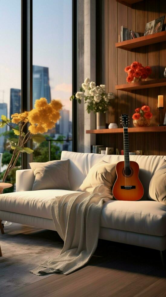 Cozy modernity defines the living room, where a guitar adds character. Vertical Mobile Wallpaper AI Generated photo