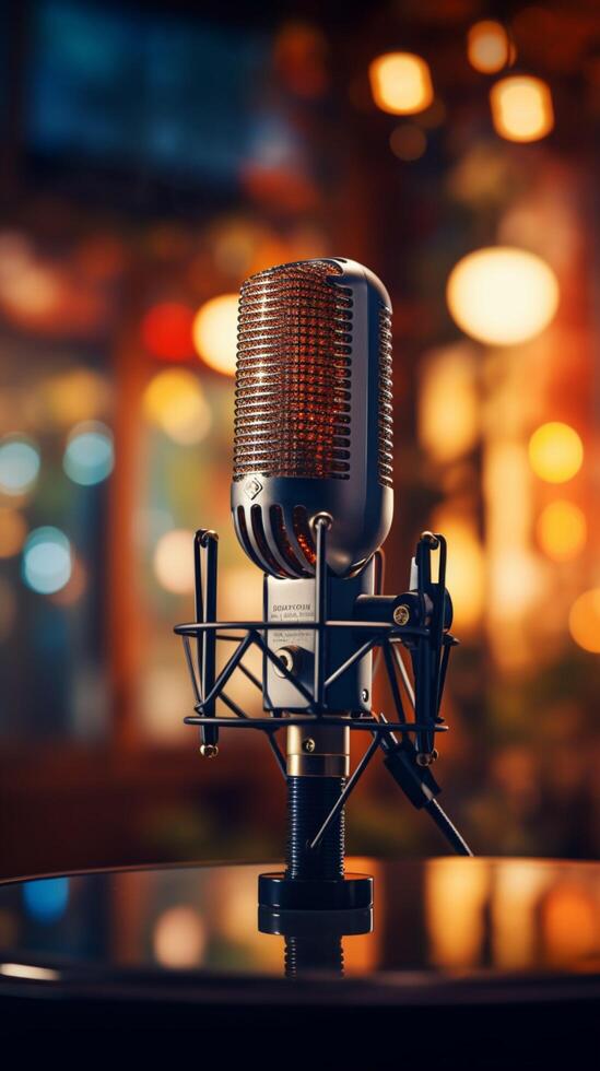 A blurred background enhances the focus on a professional microphone for sound recording. Vertical Mobile Wallpaper AI Generated photo