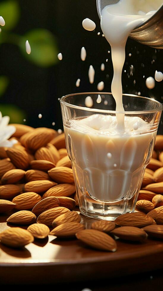 A captivating vista almonds gracefully plunge into a milk filled cup, enchanting beauty Vertical Mobile Wallpaper AI Generated photo