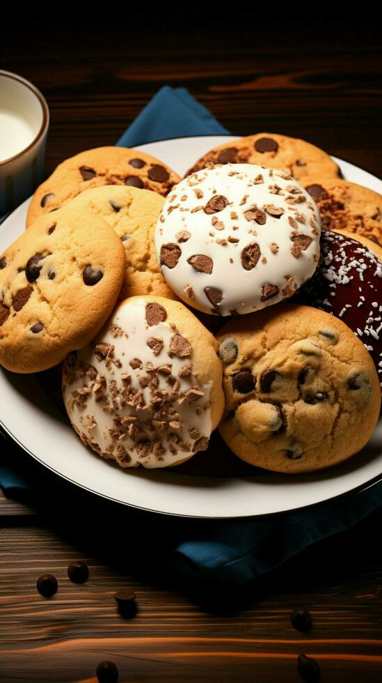 Flat lay perfection cookies on a plate, accompanied by paper on wood Vertical Mobile Wallpaper AI Generated photo