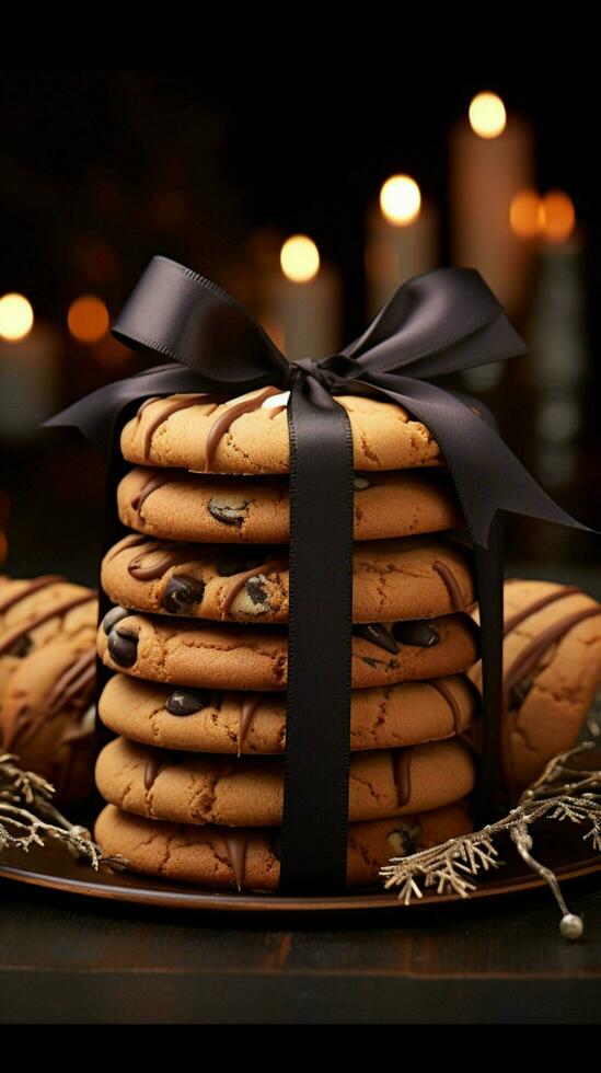Gourmet cookies, presented in a front view with a stylish dark ribbon bow Vertical Mobile Wallpaper AI Generated photo