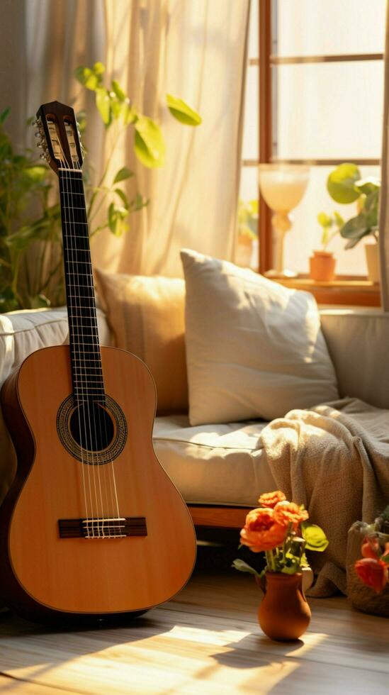 In a modern, cozy living room, a guitar is a stylish centerpiece. Vertical Mobile Wallpaper AI Generated photo