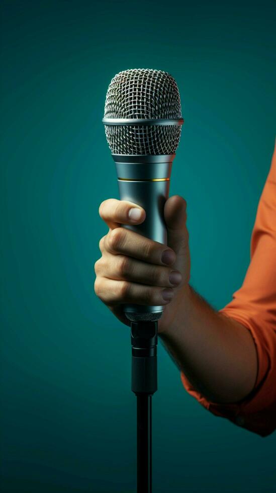 In a striking contrast, a male hand clutches a microphone on blue. Vertical Mobile Wallpaper AI Generated photo