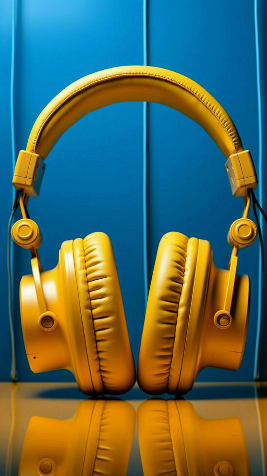 In solitude against a blue backdrop, yellow headphones radiate vibrancy. Vertical Mobile Wallpaper AI Generated photo